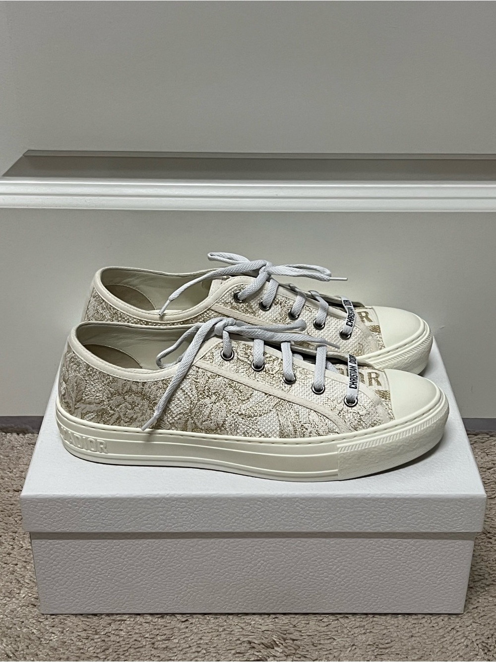Dior Cream Lace-Pattern Low-Top Sneakers